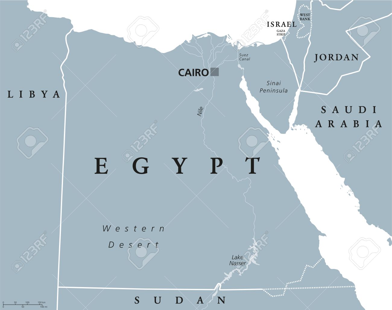 首都カイロではナイル川 シナイ半島とスエズ運河 エジプトの政治地図 アラブ共和国のエジプト国境と隣国 灰色の着色された図 英語のラベル付けのイラスト素材 ベクタ Image