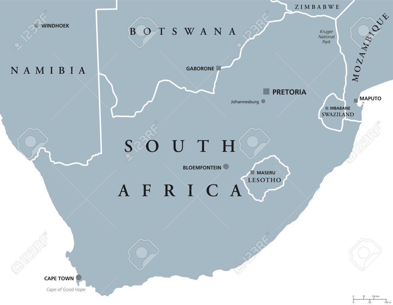South Africa Political Map With The Capitals Pretoria Bloemfontein And Cape Town With National Borders And Neighbor Countries Gray Illustration With English Labeling On White Background Vector Royalty Free Cliparts Vectors And