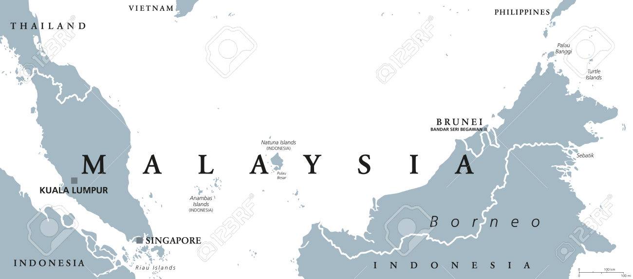 首都クアラルンプールは アジアにおける隣国インドネシア シンガポール ブルネイとマレーシアの政治地図 白い背景の英語表示で灰色の図 ベクトル のイラスト素材 ベクタ Image