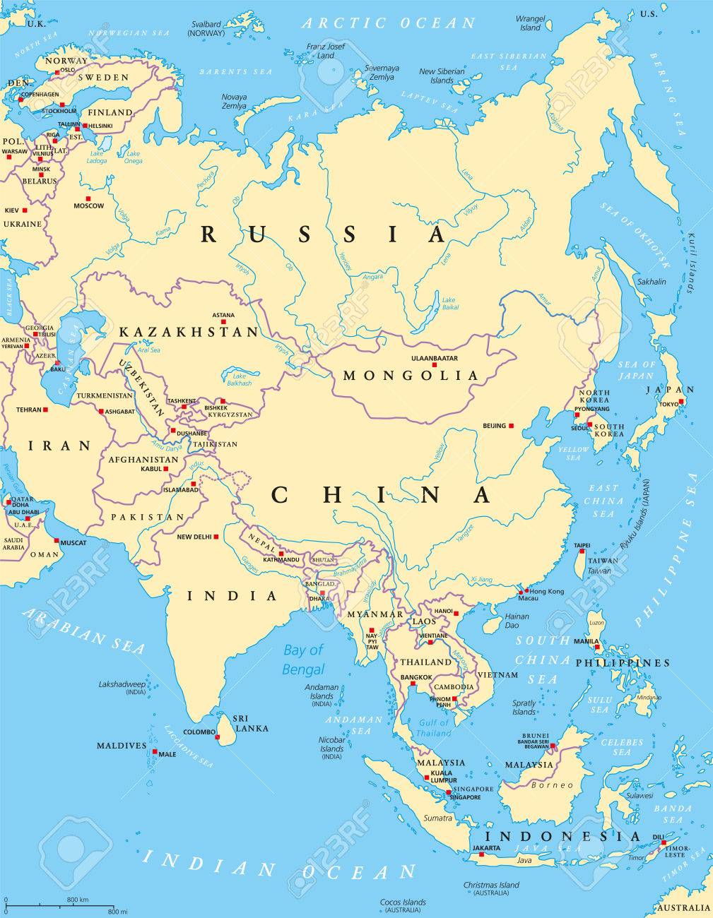アジアの首都 国境 川や湖での政治地図 国のロシア 中国 インド インドネシア 小さいものと最大の大陸 英語付けの図 ベクトル のイラスト素材 ベクタ Image