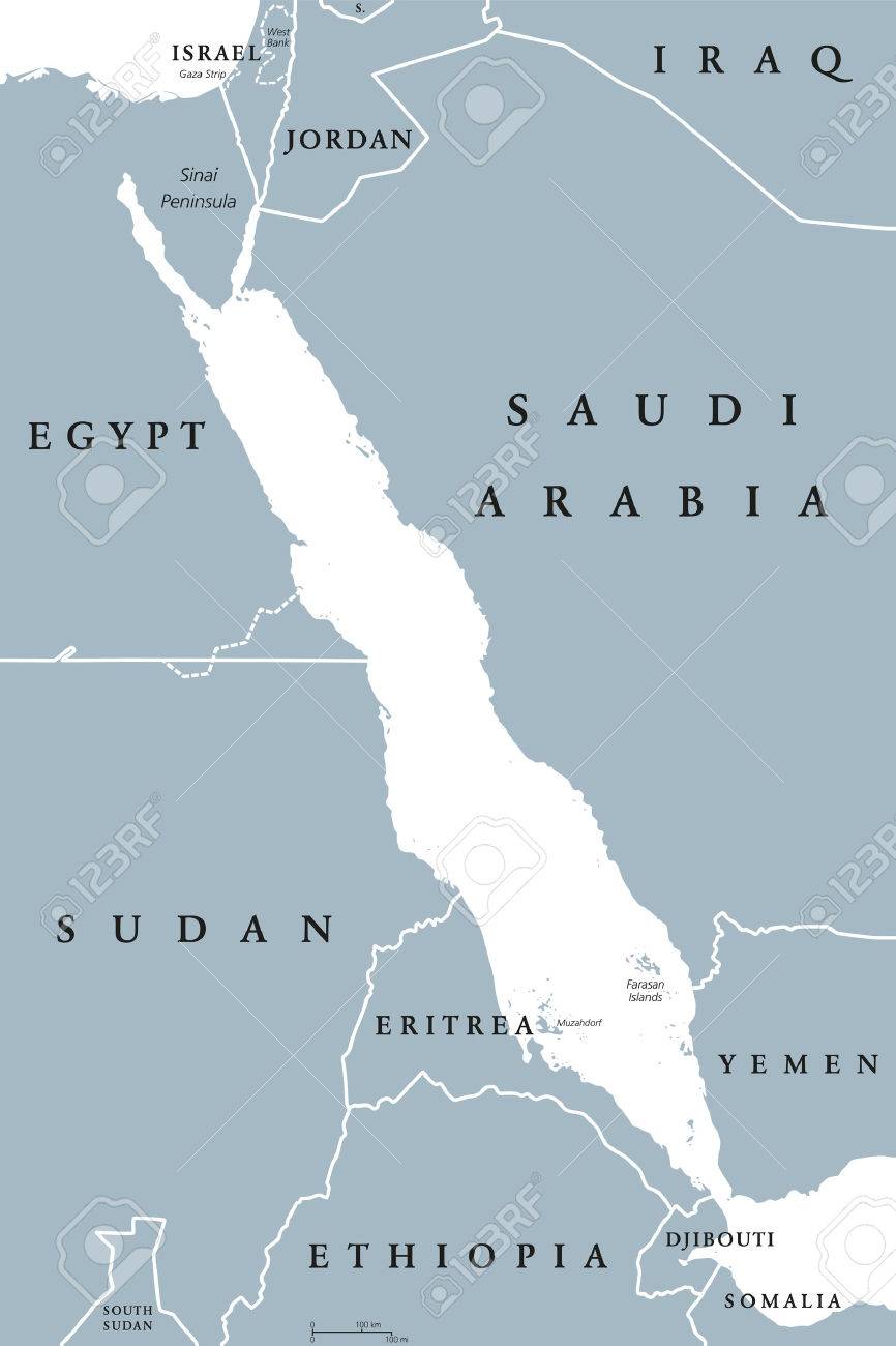 紅海の政治地図 英語のラベルします エリュトゥラー海とも呼ばれます アフリカの角 アラビア半島の間のインド洋の海水の入口 白い背景の灰色の図 ベクトル のイラスト素材 ベクタ Image