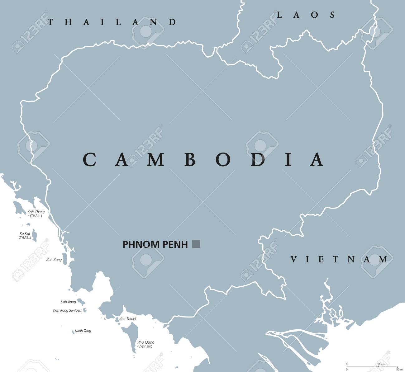 カンボジアの首都プノンペンと英語表示の政治地図 カンボジア王国 東南アジアのインドシナ半島の南部の国 灰色図 ベクトル のイラスト素材 ベクタ Image