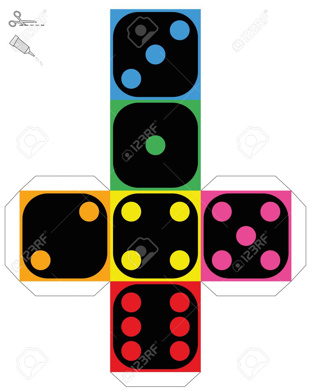 Plantilla De Los Dados Hoja De Construcción De Un Cubo De Colores Para Hacer Un Trabajo Compuesto En Relieve Ilustración De Aislados Vector Sobre Fondo Blanco Ilustraciones Vectoriales Clip Art