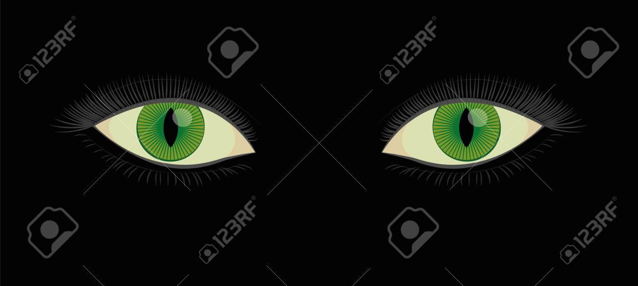スリットの生徒 暗闇の中からあなたを見て美しい 不気味な女性の神秘的な幻想の生き物と緑の人間猫目 黒の背景のベクトル図 のイラスト素材 ベクタ Image