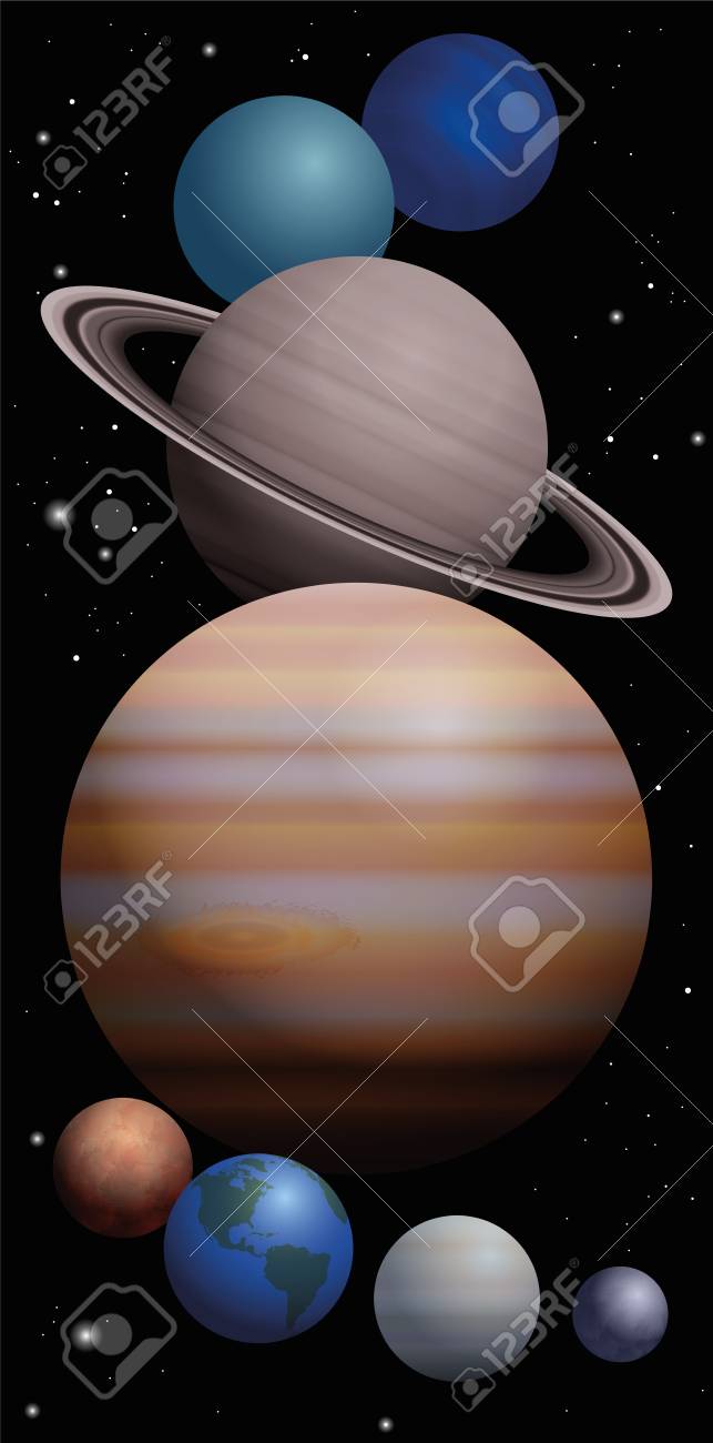 planet cluster of our solar system with approximate relation size of our solar system