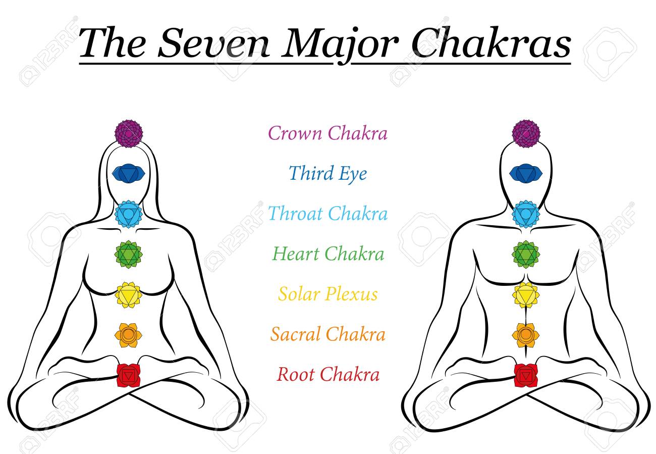 Seven Major Chakras With Names Woman And Man Sitting In Yoga Meditation Position Royalty Free Cliparts Vectors And Stock Illustration Image