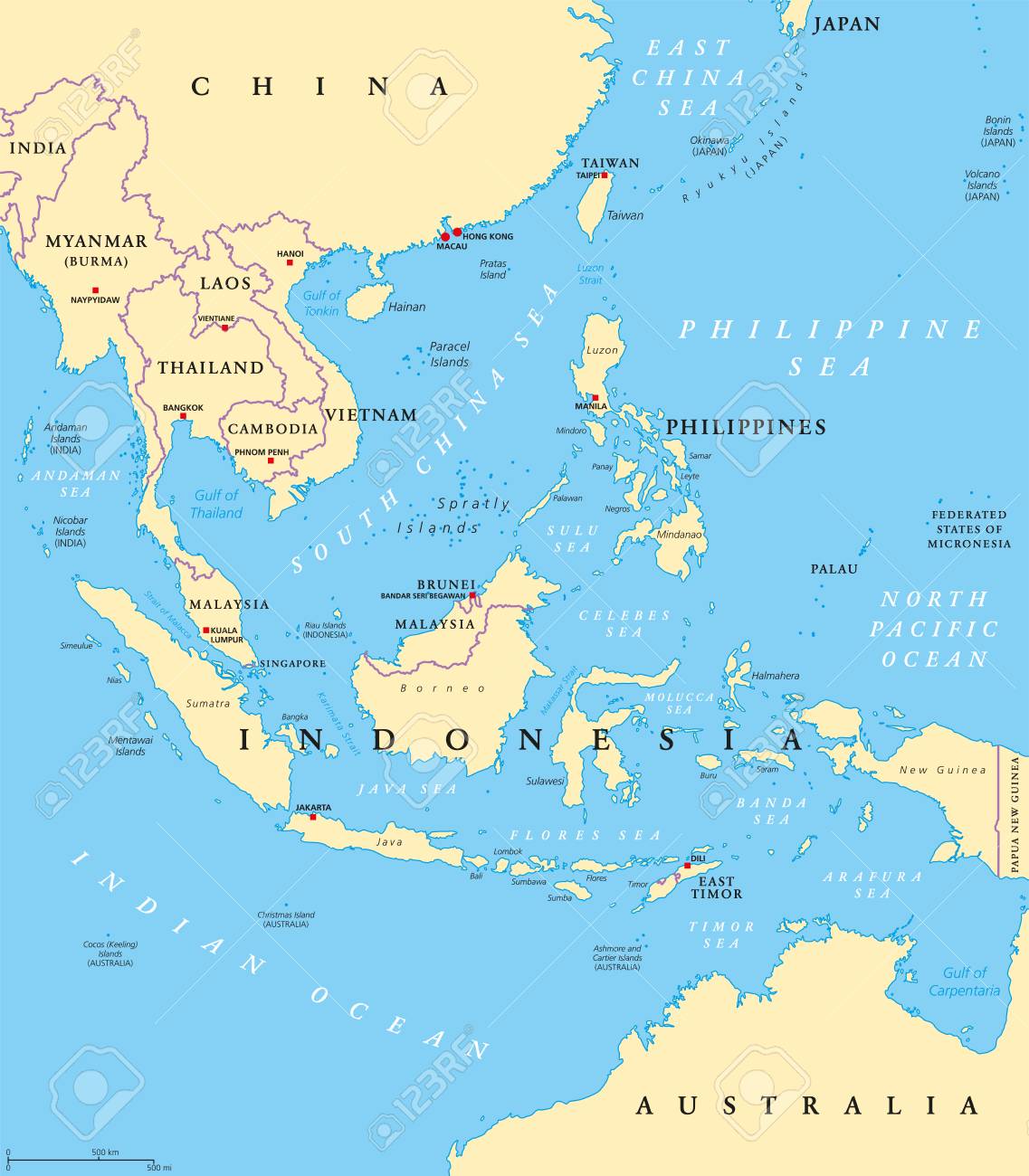 Southeast Asia, Political Map With Capitals And Borders. Subregion Of Asia With Countries South Of China, East Of India, West Of New Guinea, North Of Australia. English Labeling. Illustration. Vector. Royalty Free