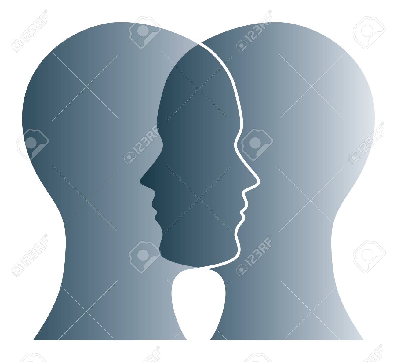 Gray silhouettes of two heads on white background. Two overlapping faces as symbol for anxiety, uncertainty, doubt and other psychological problems and questions. Isolated illustration. Vector. - 105481044 Gray silhouettes of two heads on white background. Two overlapping faces as symbol for anxiety, uncertainty, doubt and other psychological problems and questions. Isolated illustration. Vector. - 105481044
