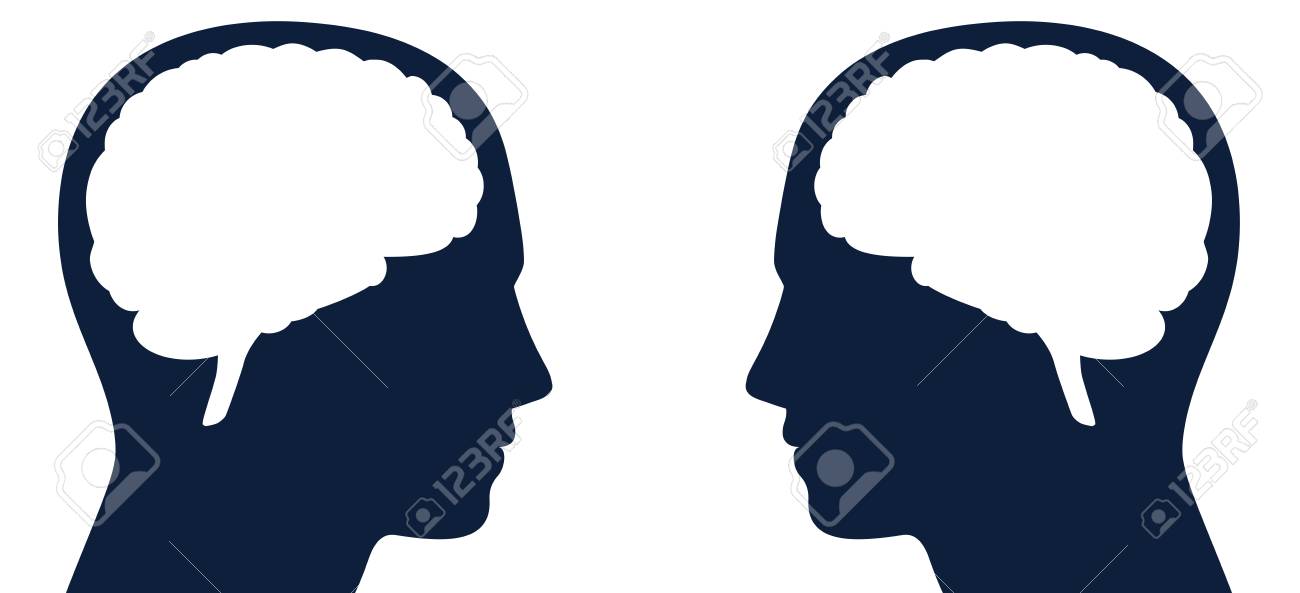 脳のシルエットが向き合う2つの頭 思考 テレパシー 不利な意見 反対の考えのための同じまたは異なる種類の思考 知性やコミュニケーションのためのシンボル のイラスト素材 ベクタ Image