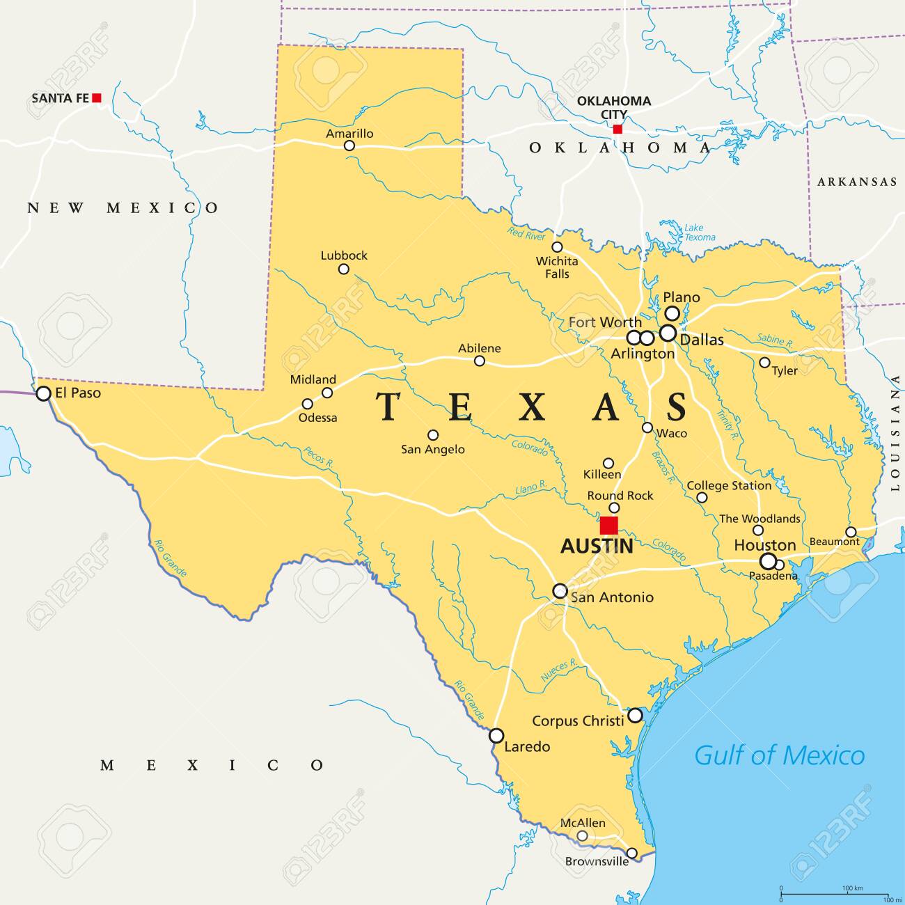 Texas, Political Map, With Capital Austin, Borders, Important ...