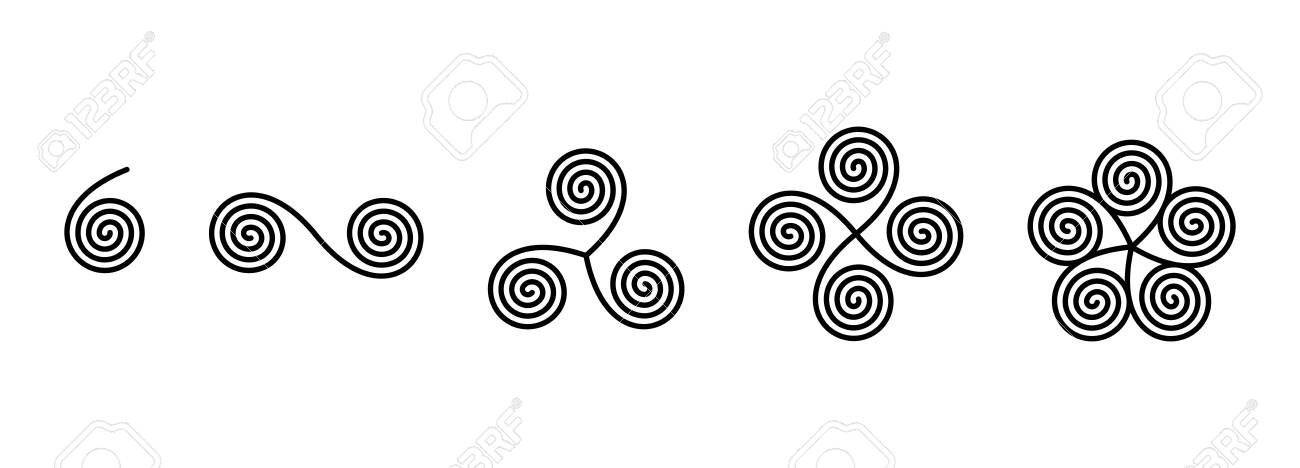 Connected Linear Spirals Forming Ancient Symbols. Single And Double Spiral.  Triskelion, Consisting Of A Triple Spiral. Tetraskelion Is Composed By Four  Conjoined Legs And Pentaskelion By Five. Vector Клипарты, SVG, векторы, и