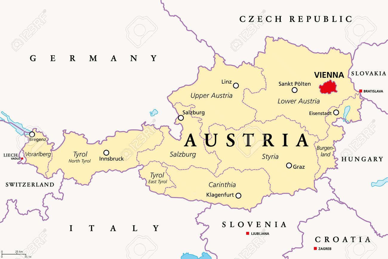 Austria, political map, with the capital Vienna, nine federated states and their capitals. With borders and the neighbor countries. English labeling. Illustration. Vector. - 167790212 Austria, political map, with the capital Vienna, nine federated states and their capitals. With borders and the neighbor countries. English labeling. Illustration. Vector. - 167790212