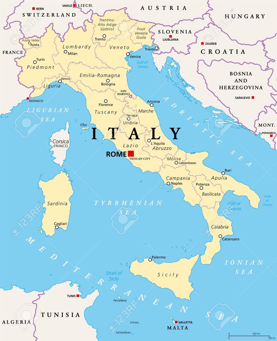 Italy, political map, administrative divisions. Italian Republic with capital Rome, 20 regions and their capitals, international borders and neighbor countries. English labeling. Illustration. Vector. - 142686115 Italy, political map, administrative divisions. Italian Republic with capital Rome, 20 regions and their capitals, international borders and neighbor countries. English labeling. Illustration. Vector. - 142686115