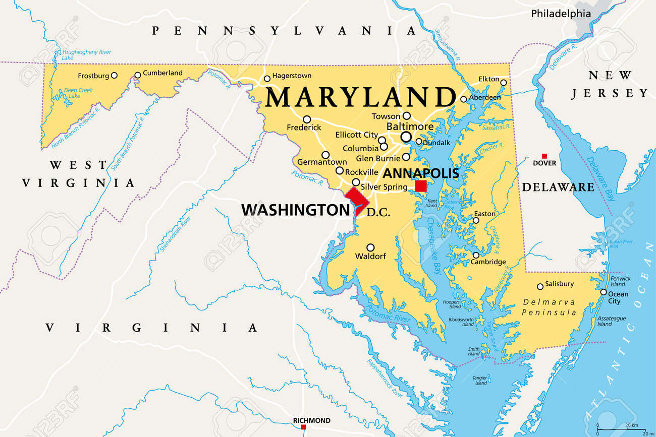 Maryland, MD, Political Map. State In The Mid-Atlantic Region Of The United  States Of America. Capital Annapolis. Old Line State. Free State. Little  America. America In Miniature. Illustration. Vector Royalty Free SVG,, image size:1300x867