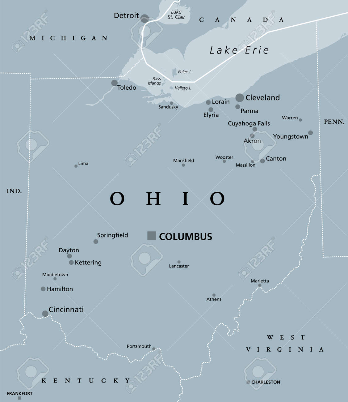 오하이오, 오, 회색 정치 지도. 미국 중서부 중서부 동북부에 있는 주. 수도 콜럼버스. 벅아이 상태. 항공의 발상지. 그 모든 것의  핵심. 삽화. 벡터 로열티 무료 사진, 그림, 이미지 그리고 스톡포토그래피. Image 157498753