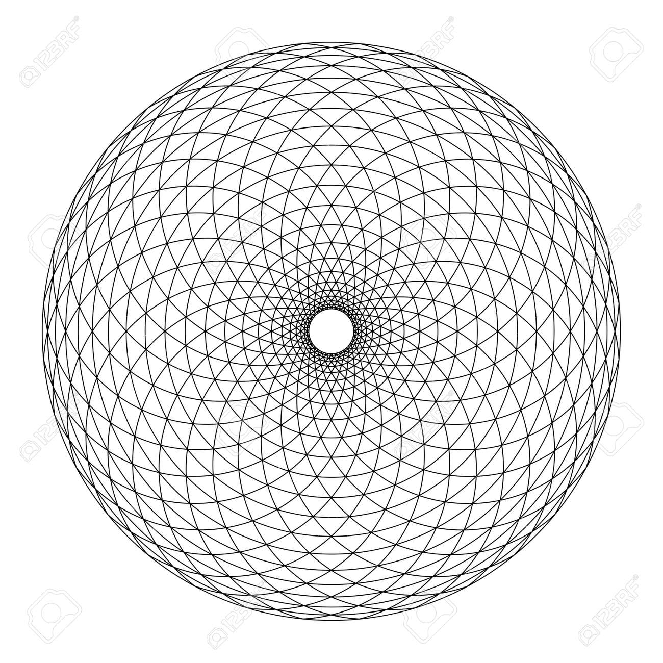 Circle With Triangle Fibonacci Pattern. Circular Area, Formed By Arcs,  Arranged In Spiral Form, Crossed By Circles, Creating Bend Triangles, With  A Small Circle In The Center, Like A Pine Cone Shape.