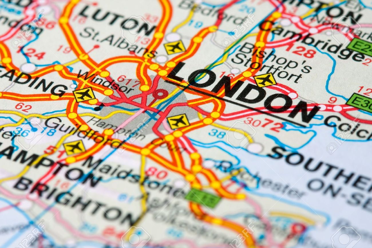 close up of a road map near london england swallow dof stock photo