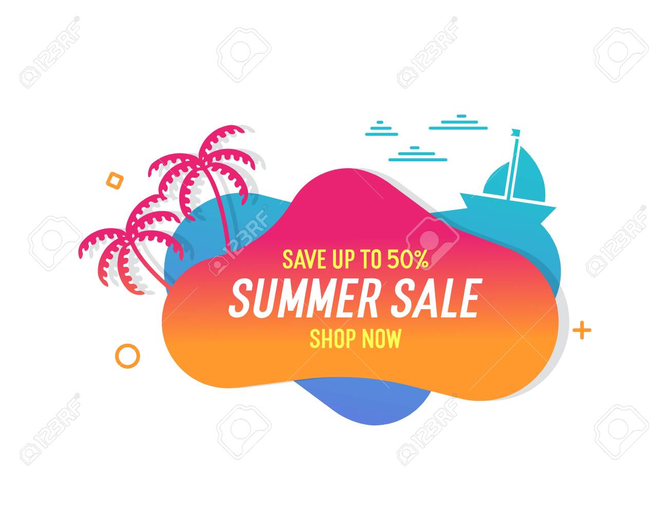 Trendy colorful summer sale banner with palmtrees, boat and waves.. Vector geometric template liquid and wavy shapes with gradient colors. Modern abstract tropical and seasonal banner design - 134503208 Trendy colorful summer sale banner with palmtrees, boat and waves.. Vector geometric template liquid and wavy shapes with gradient colors. Modern abstract tropical and seasonal banner design - 134503208