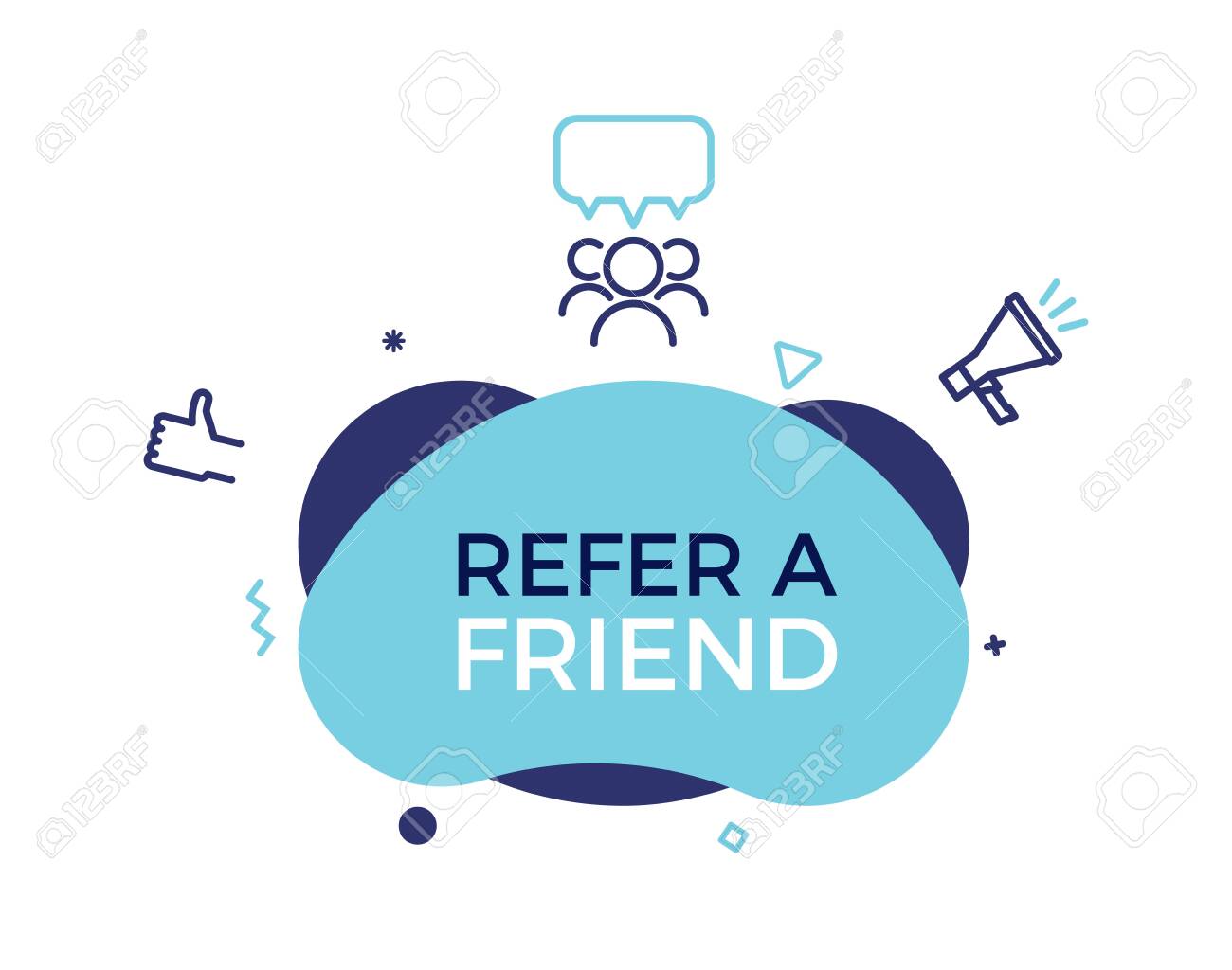 Refer a friend text on a fluid trendy shape with geometric elements. Vector design banner abstract shape with megaphone, thumbs up and group of people with speech bubble line icons. Concept for Referral program, affiliate marketing, online business - 134503215 Refer a friend text on a fluid trendy shape with geometric elements. Vector design banner abstract shape with megaphone, thumbs up and group of people with speech bubble line icons. Concept for Referral program, affiliate marketing, online business - 134503215