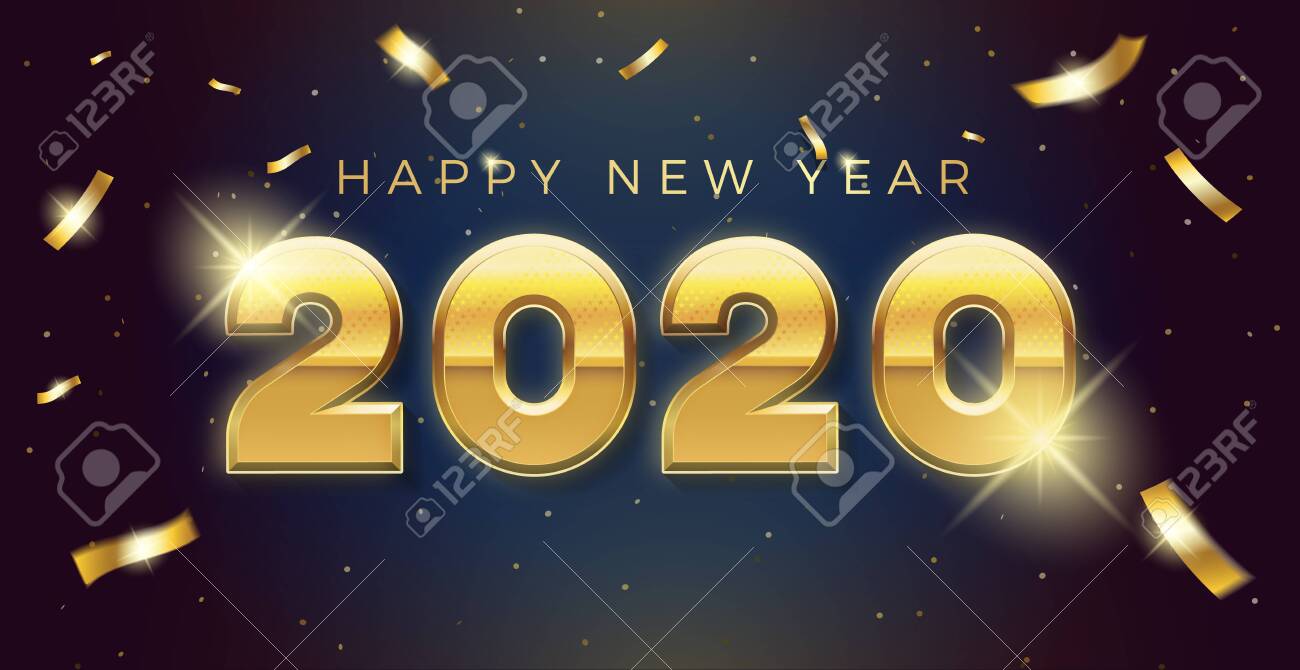 Vector Happy new year 2020 background with golden 3d text and explosion of conffeti. For seasonal holiday web banners, flyers and festive posters - 134503217 Vector Happy new year 2020 background with golden 3d text and explosion of conffeti. For seasonal holiday web banners, flyers and festive posters - 134503217