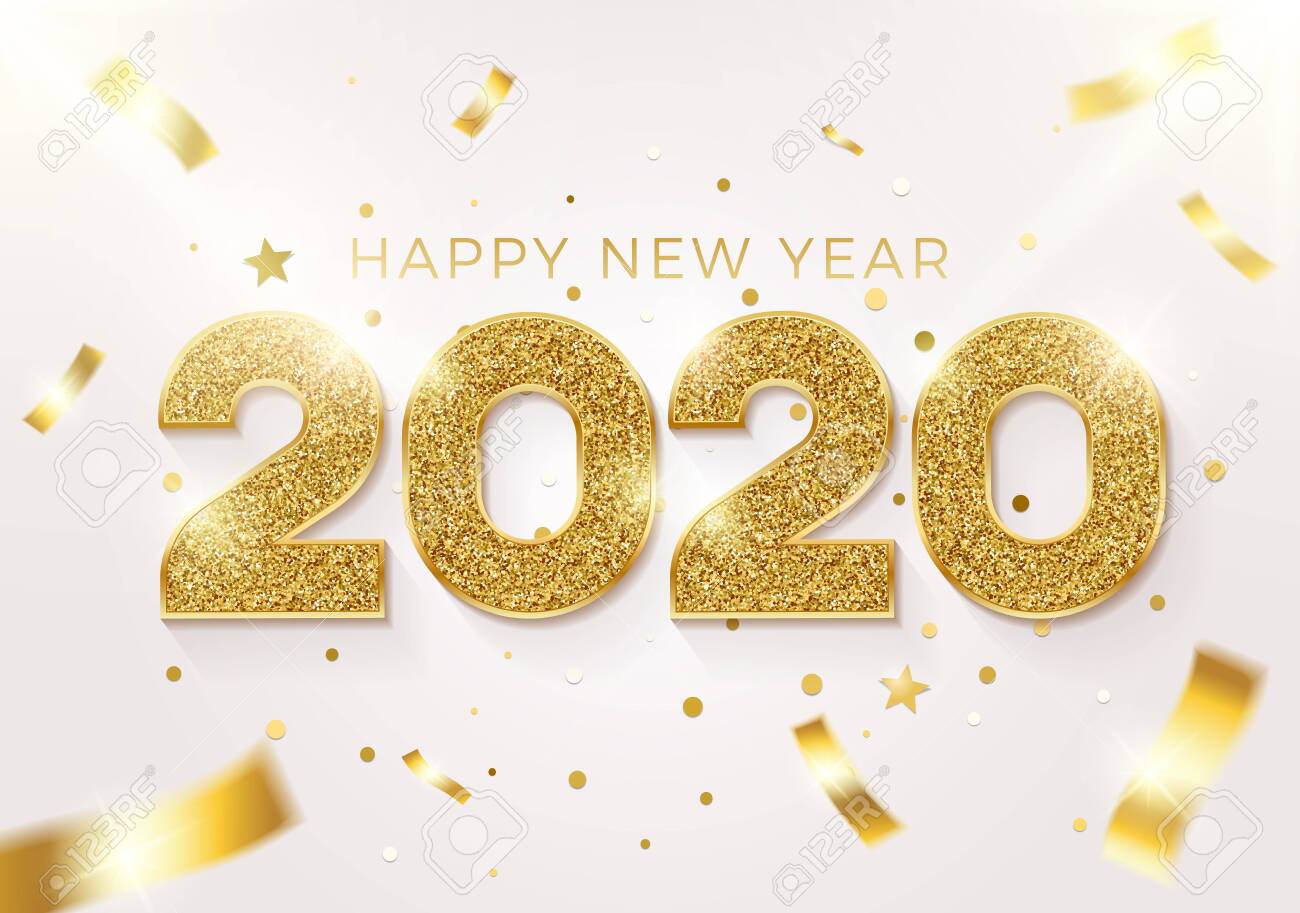 Happy new year 2020 background. Vector realistic illustration with golden glitter text on a background with conffeti falling. Greeting card, poster and banner design - 134503221 Happy new year 2020 background. Vector realistic illustration with golden glitter text on a background with conffeti falling. Greeting card, poster and banner design - 134503221