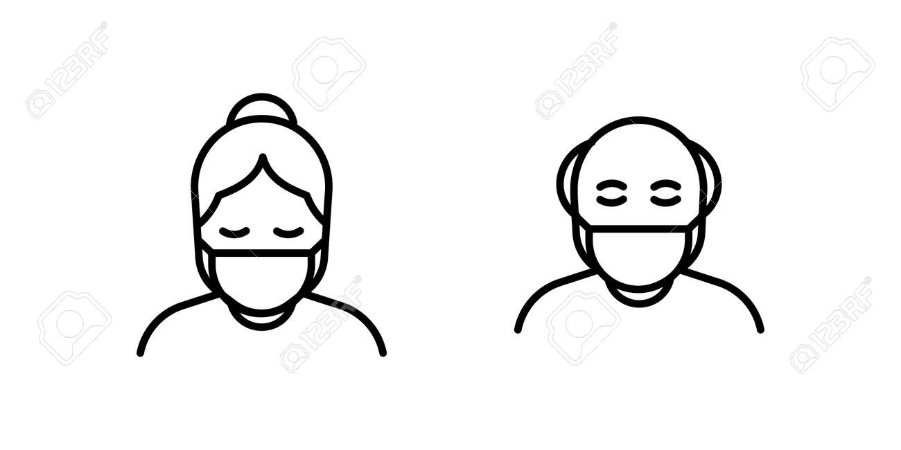 Old man and woman in medical face protection mask. Vector icon of higher risk vulnerable people wearing protective surgical mask. illustration for concepts of disease, sickness, coronavirus, quarantine, social distancing - 158456420 Old man and woman in medical face protection mask. Vector icon of higher risk vulnerable people wearing protective surgical mask. illustration for concepts of disease, sickness, coronavirus, quarantine, social distancing - 158456420