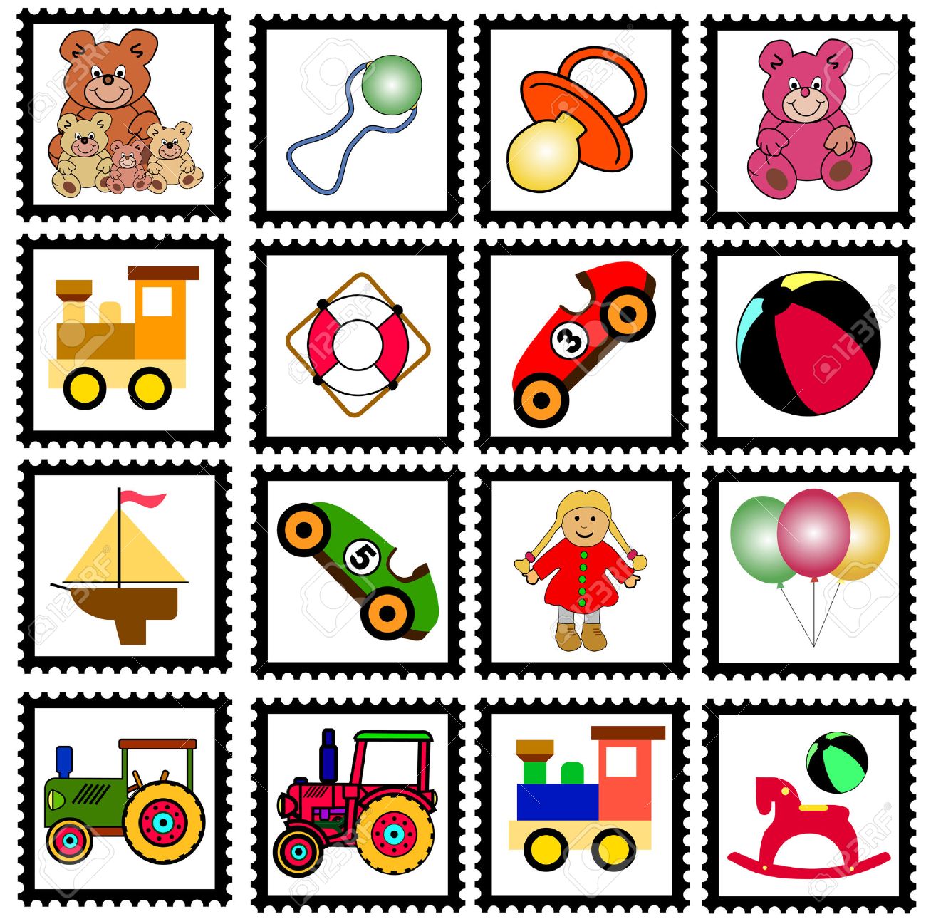 おもちゃでカラフルな切手のコレクションのイラスト素材 ベクタ Image おもちゃでカラフルな切手のコレクションのイラスト素材 ベクタ Image