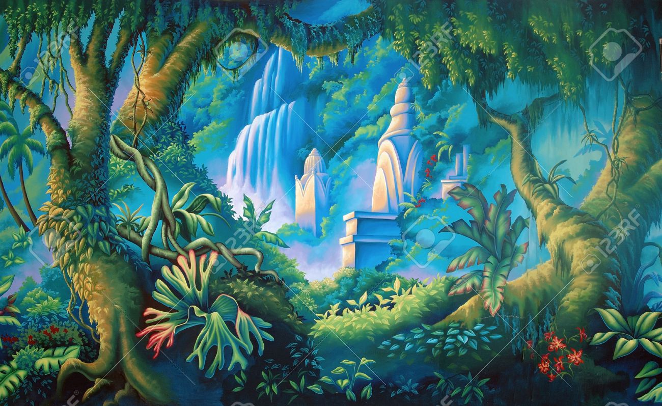 painted backdrop of tropical rainforest stock photo picture and