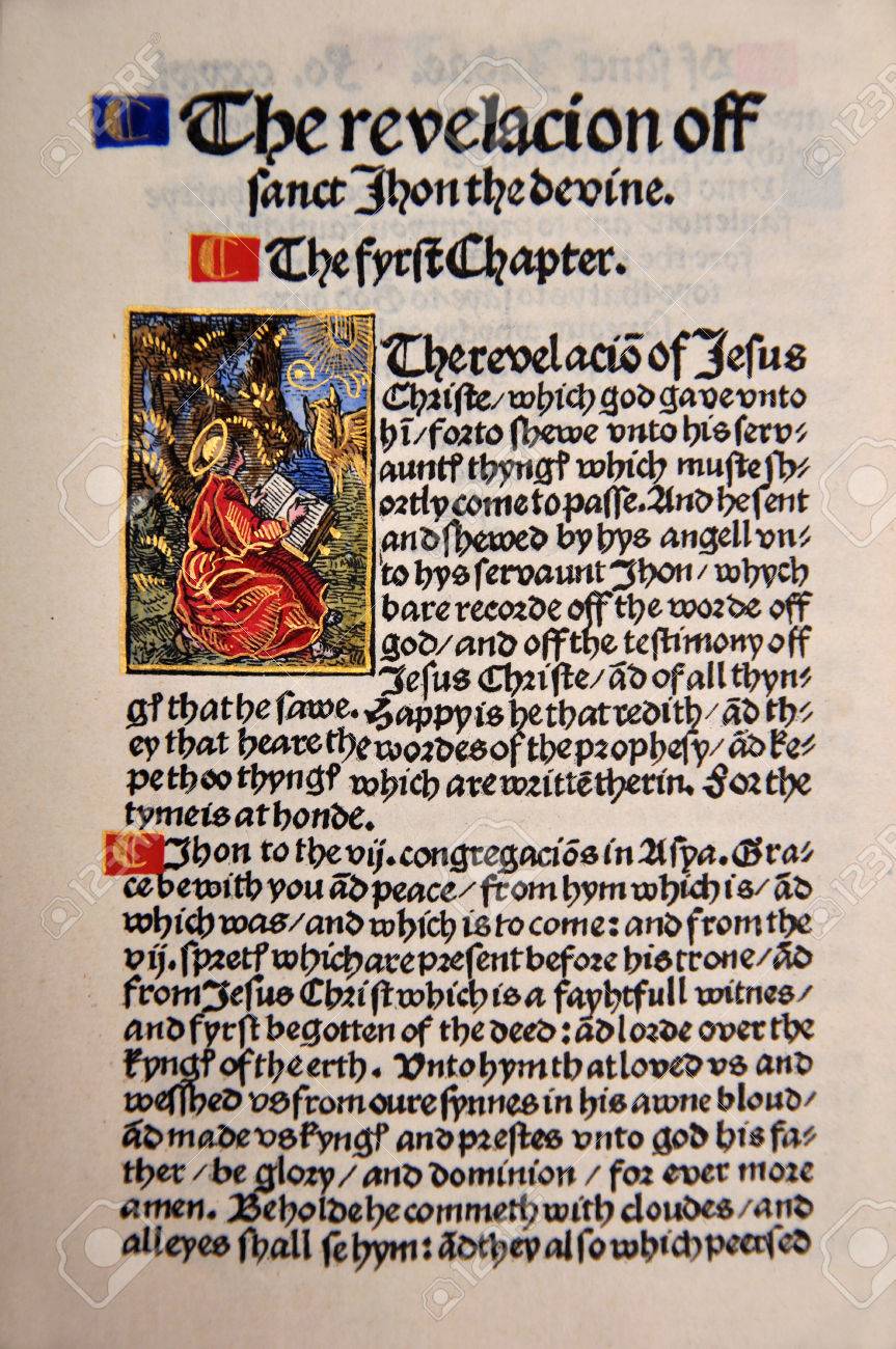 タイトル ページ ファクシミリの William ティンダルの 1525年版英語新約聖書のヨハネの黙示録から リード貴重書コレクション ダニーデン ニュージーランド の写真素材 画像素材 Image