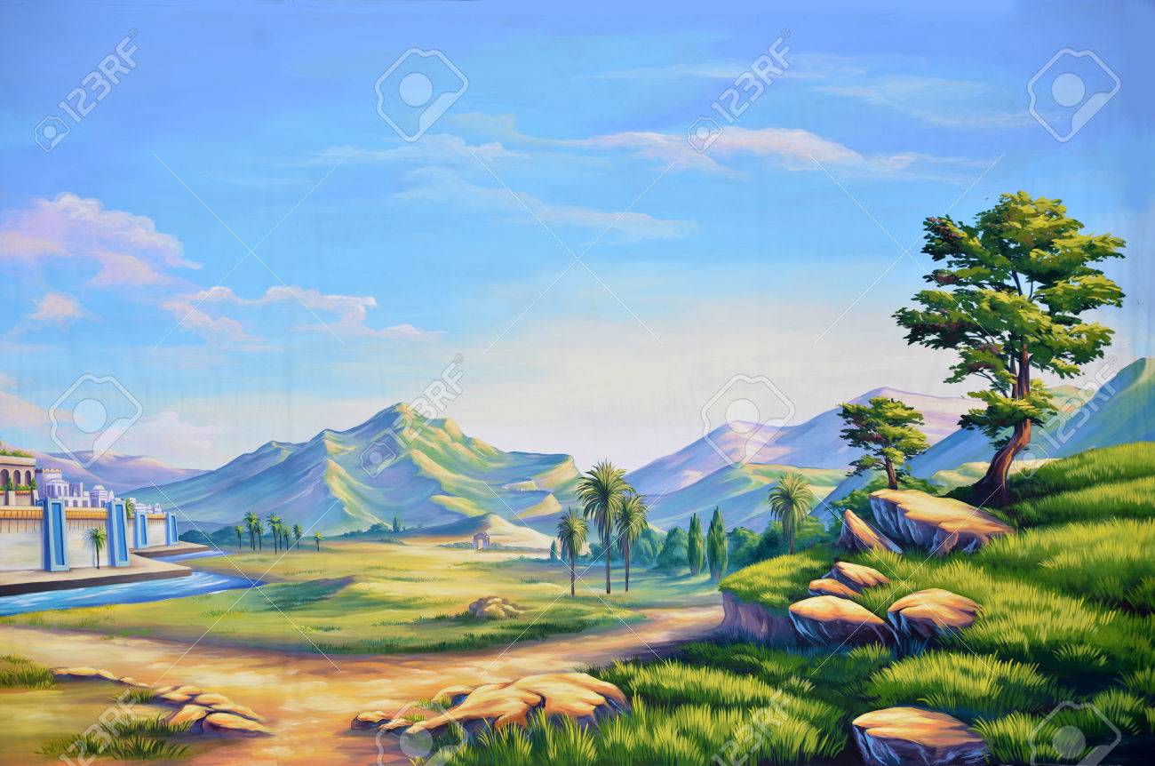 theatre backdrop featuring a scene of the approach to ancient