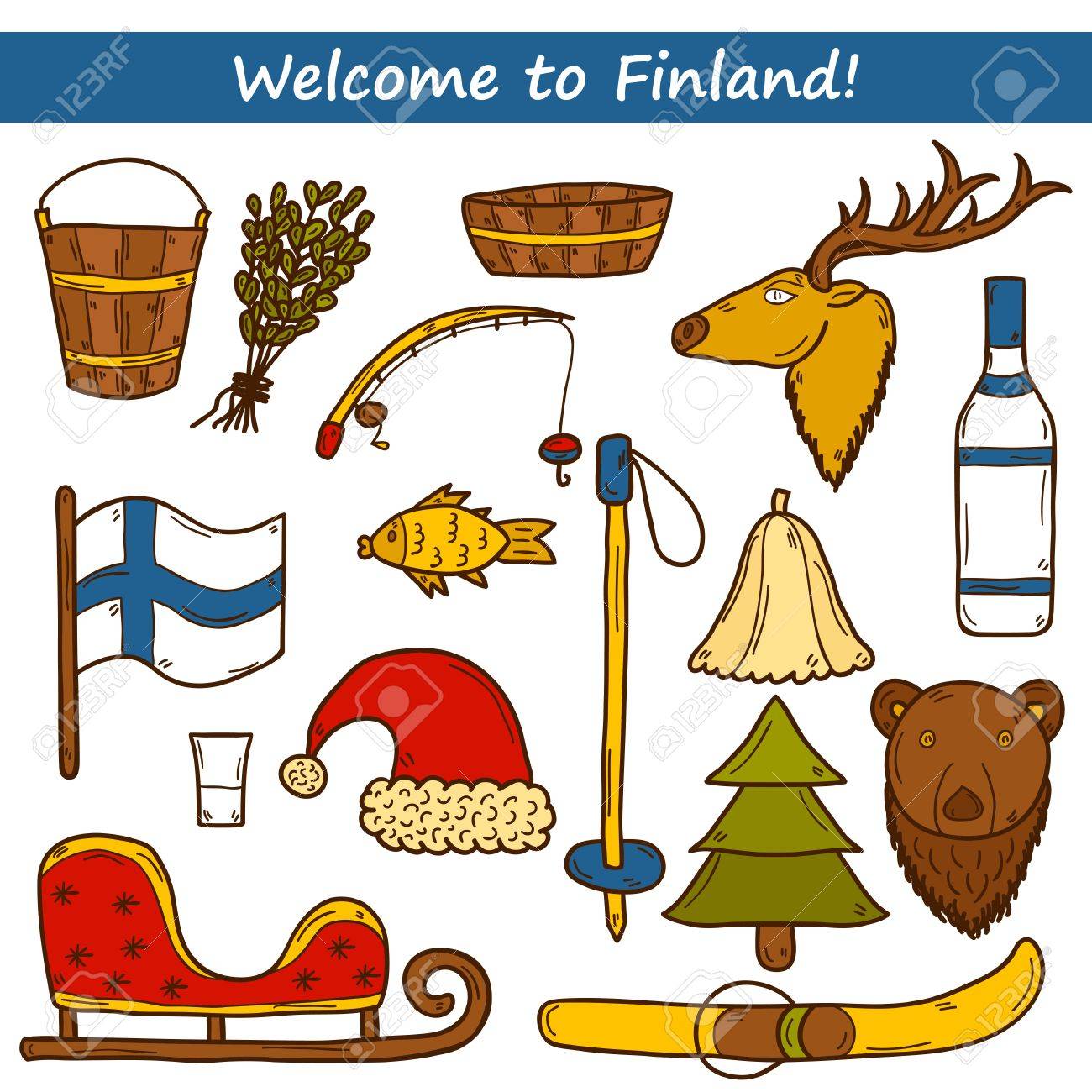 Set Of Cartoon Hand Drawn Objects On Finland Theme Royalty Free SVG,  Cliparts, Vectors, and Stock Illustration. Image 44982642., image size:1300x1300