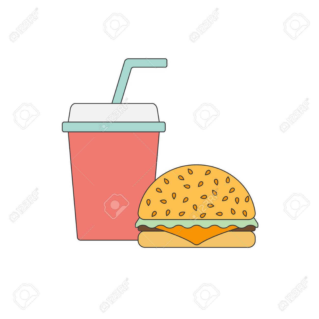 アメリカの食品や食事のコンセプトです ファーストフード カフェやレストラン 線分オブジェクトをフラット ハンバーガー ソーダ 不健康な食品の迷惑 フラット インフォ グラフィックのため肥満の概念 アメリカ料理の背景のイラスト素材 ベクタ Image