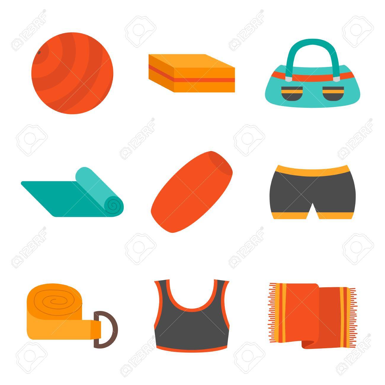 Vector Illustration With Cartoon Flat Yoga Equipment Fitness Ball Mat Block Vector Illustration With Cartoon Flat Yoga Equipment Fitness Ball Mat Block
