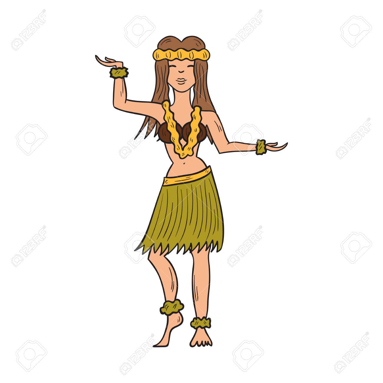 漫画の手でベクター グラフィックは 白い背景の上分離ハワイ踊っている女の子を描画します 熱帯女性アイコン ハワイのフラの踊り 花と緑のヤシ スカートでベクトル少女漫画 のイラスト素材 ベクタ Image