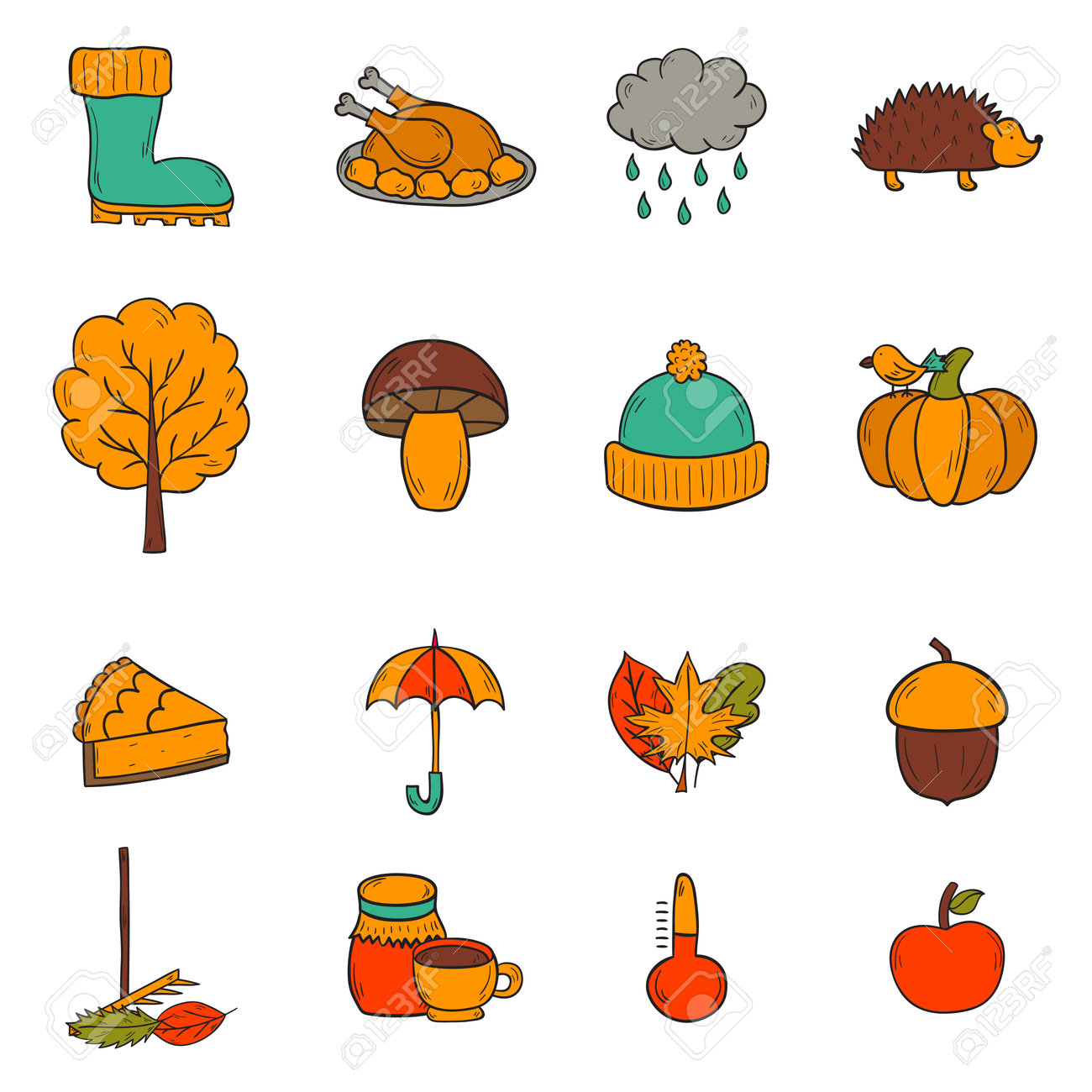 ベクトル漫画イラストの手には 秋のアイコンが描かれています カボチャのパイ トルコ 紅葉 雨 傘 概念を収穫します ベクターの 9 月 10 月のアイコン 手の描かれた漫画秋オブジェクト のイラスト素材 ベクタ Image 8786