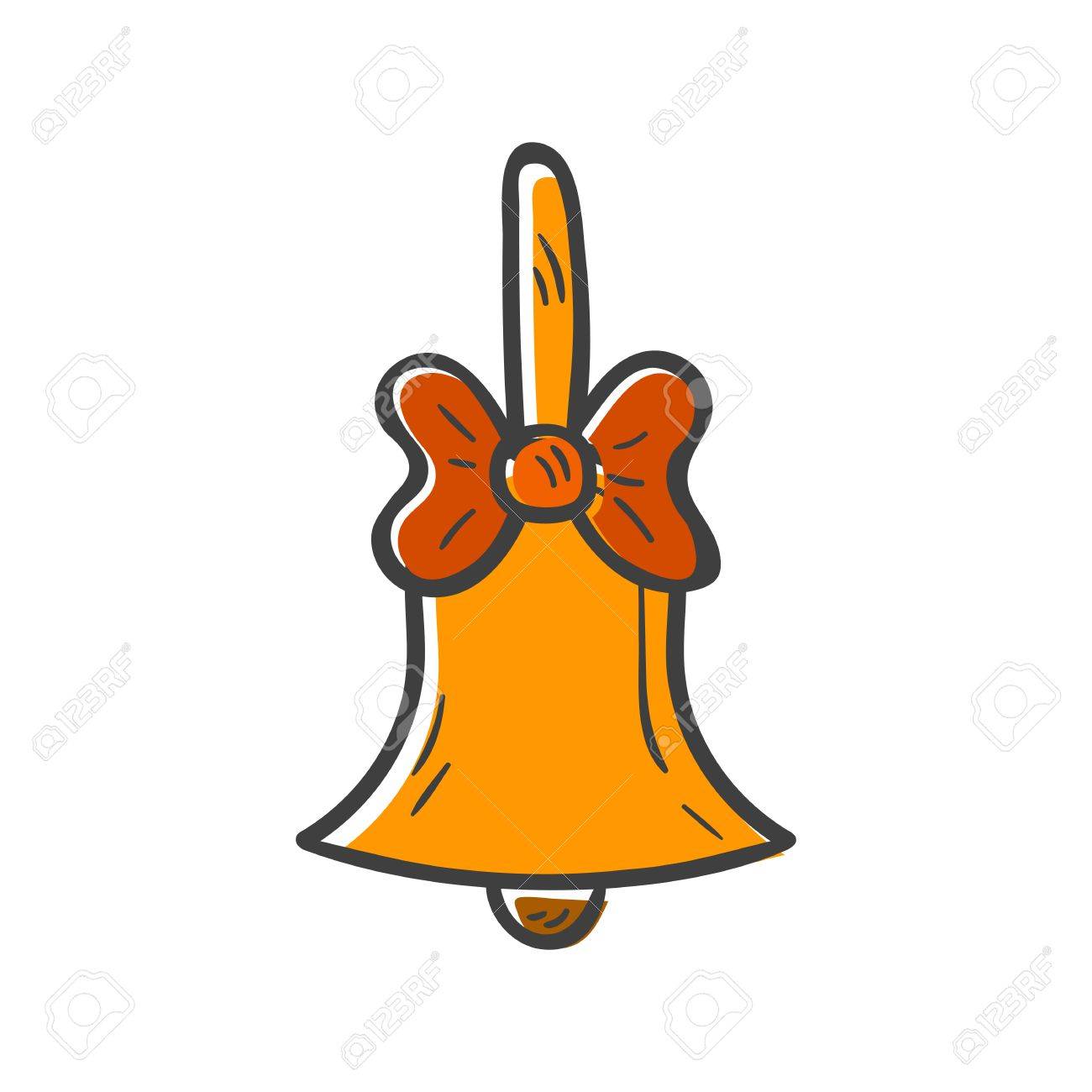 イラスト漫画の手は 白い背景の上孤立したハンドベル アイコンを描画します ベクトルの黄色と赤の弓かわいいベル 伝統的な学校 クリスマスや新年のオブジェクトに戻る のイラスト素材 ベクタ Image