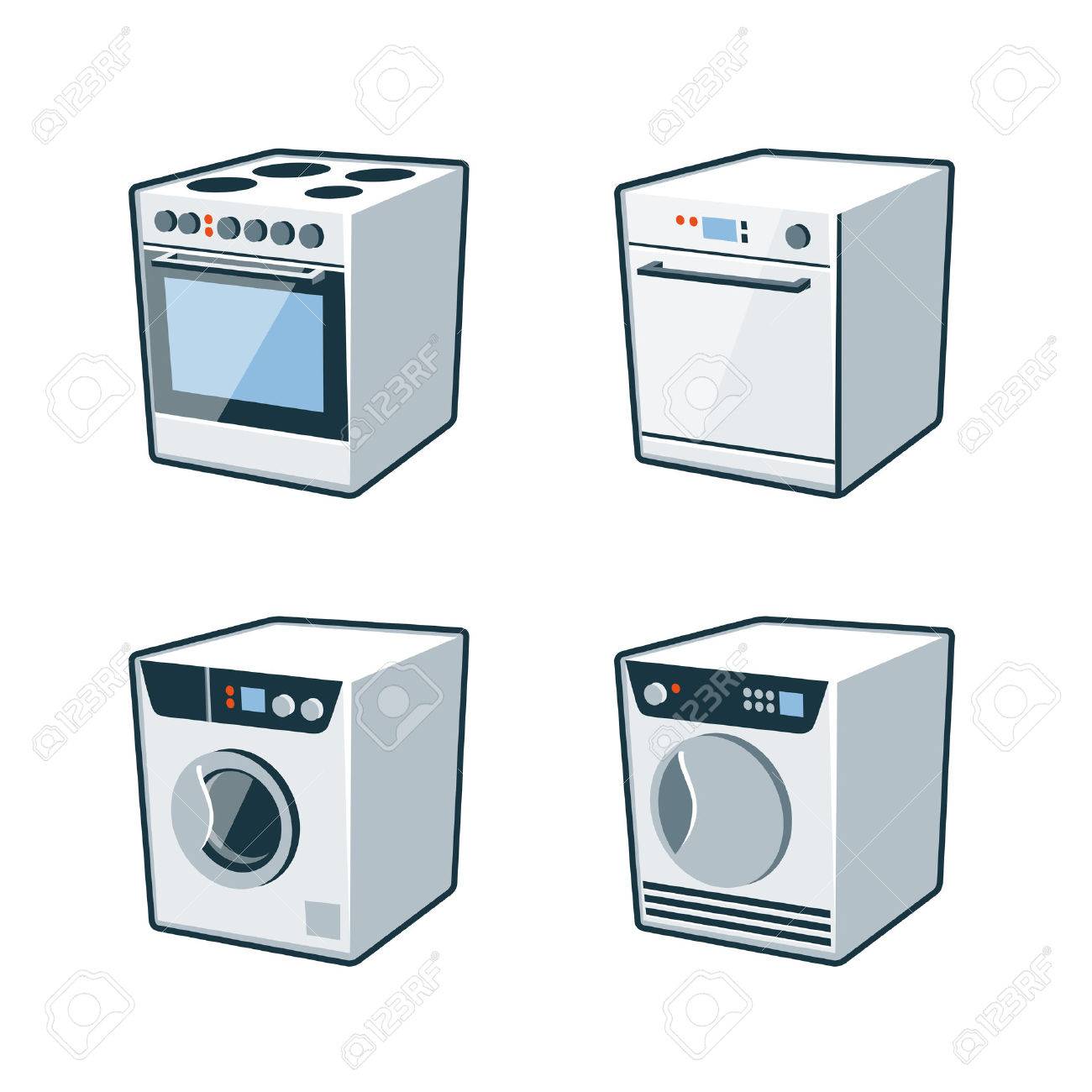 Washer And Dryer Clipart set of four vector icons of an oven cooker, dishwasher, washing Washer And Dryer Clipart set of four vector icons of an oven cooker, dishwasher, washing