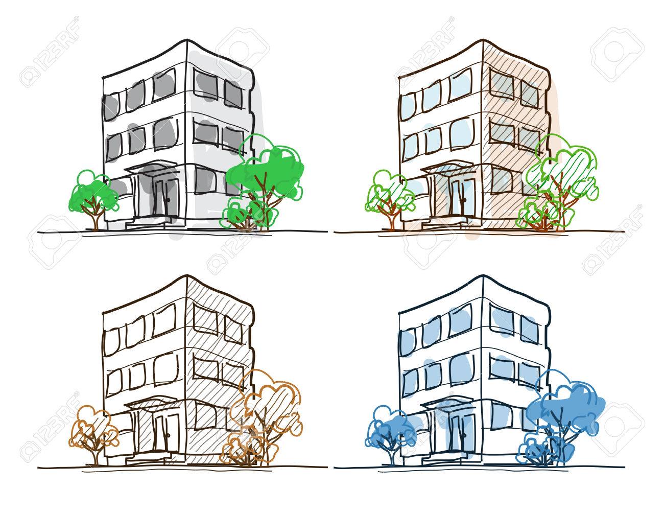 Four outline building freehand drawings doodle sketch with shading and hatch line width easy to