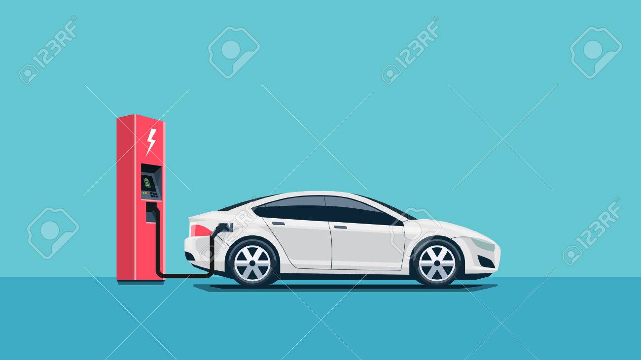 Flat vector illustration of a red electric car charging at the charger station. Electromobility e-motion concept. - 52435631 Flat vector illustration of a red electric car charging at the charger station. Electromobility e-motion concept. - 52435631