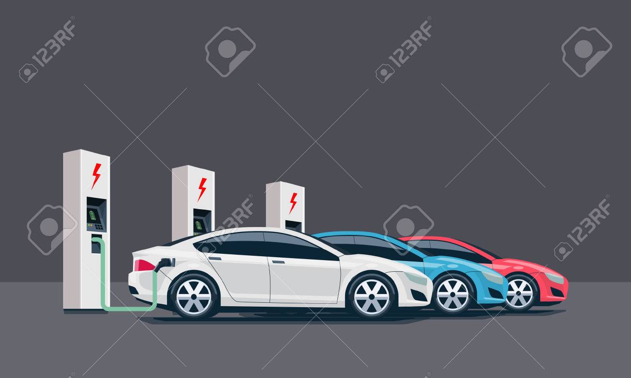 Flat vector illustration of three electric cars charging at the white charger station. Electromobility e-motion concept. Three electric battery chargers. - 52435637 Flat vector illustration of three electric cars charging at the white charger station. Electromobility e-motion concept. Three electric battery chargers. - 52435637