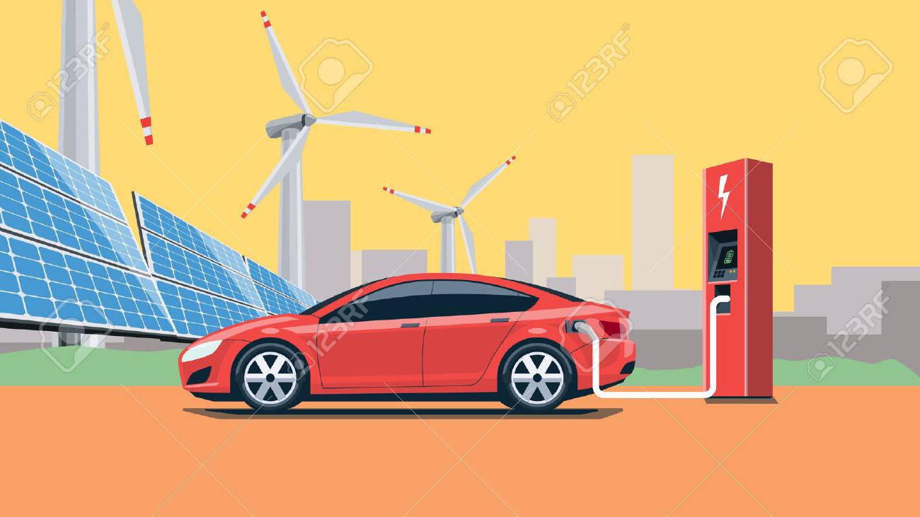 Flat vector illustration of a red electric car charging at the charger station in front of the solar panels and wind turbines. City skyline in the background. Warm retro feeling. Electromobility e-motion concept. - 53173270 Flat vector illustration of a red electric car charging at the charger station in front of the solar panels and wind turbines. City skyline in the background. Warm retro feeling. Electromobility e-motion concept. - 53173270