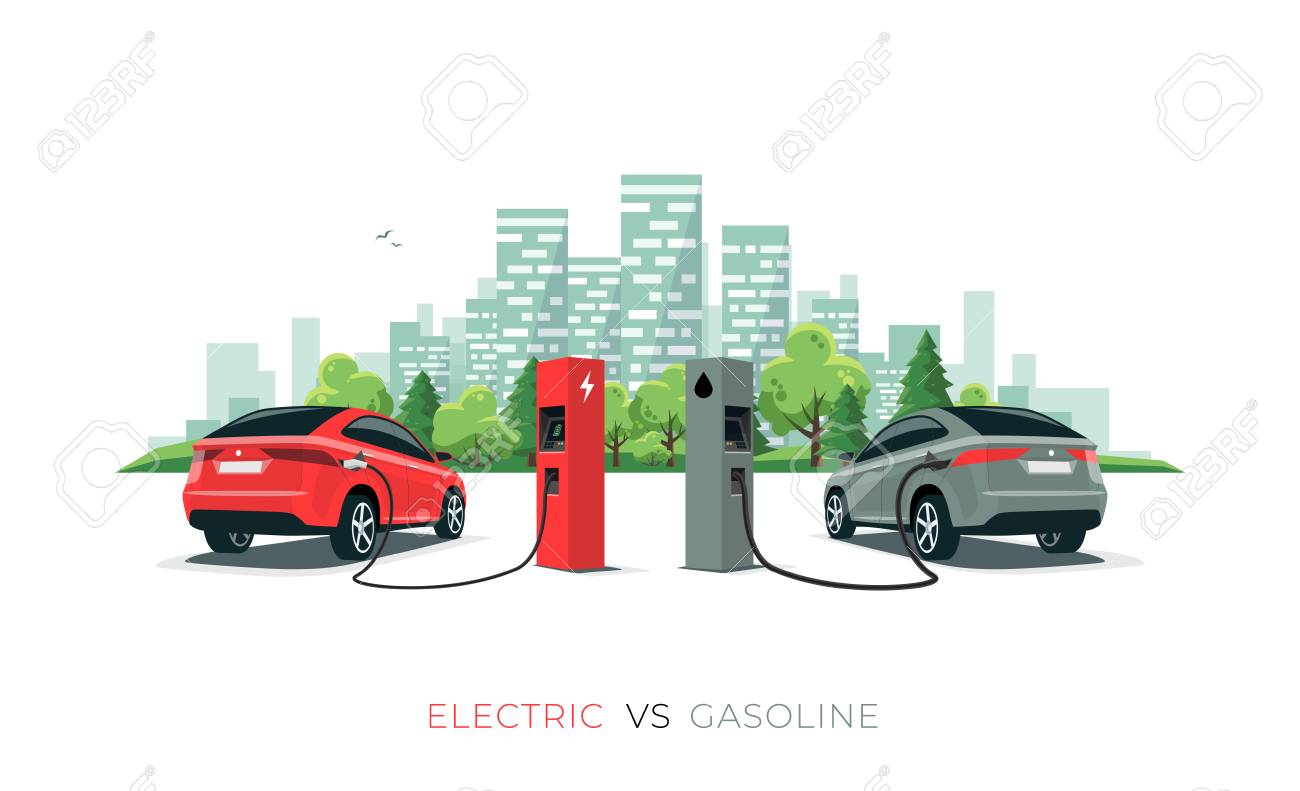 Electric versus gasoline car suv. Electric car charging at charger station vs. fossil car refueling petrol at gas station. Vector illustration with city building skyline isolated on white background. - 119793081 Electric versus gasoline car suv. Electric car charging at charger station vs. fossil car refueling petrol at gas station. Vector illustration with city building skyline isolated on white background. - 119793081