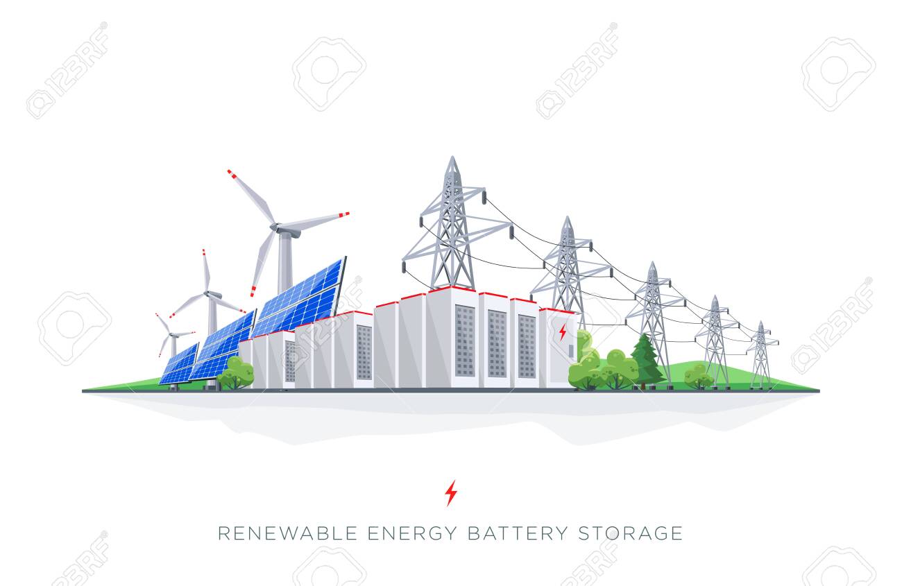 Duży akumulator do magazynowania energii z odnawialnym wytwarzaniem energii elektrycznej. zapasowy system z panelami słonecznymi, turbinami wiatrowymi, przesyłem energii elektrycznej wysokiego napięcia na białym tle. - 139408909 Duży akumulator do magazynowania energii z odnawialnym wytwarzaniem energii elektrycznej. zapasowy system z panelami słonecznymi, turbinami wiatrowymi, przesyłem energii elektrycznej wysokiego napięcia na białym tle. - 139408909