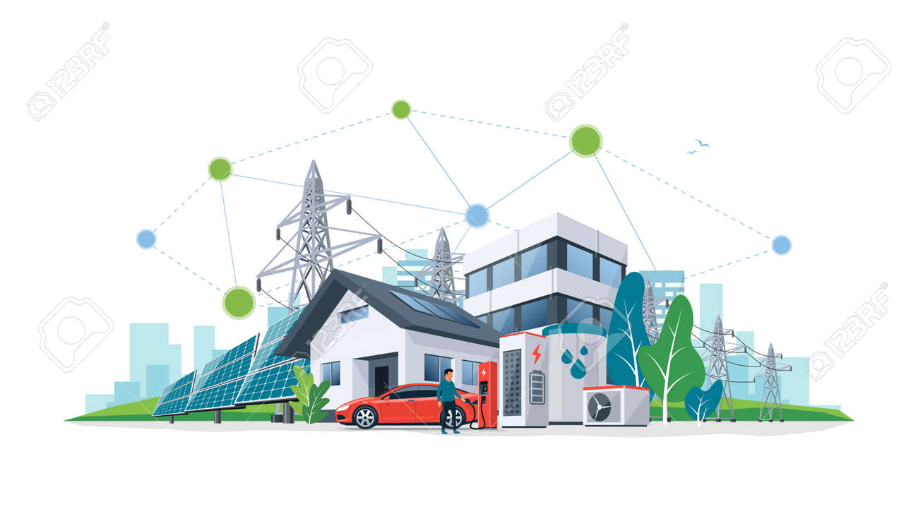 Système intelligent de réseau d'énergie thermique à énergie renouvelable. électrification durable de stockage de batterie de ville de bâtiment hors réseau. recharge de voiture électrique avec panneaux solaires, vent, réseau électrique à haute tension et ville. - 177348115 Système intelligent de réseau d'énergie thermique à énergie renouvelable. électrification durable de stockage de batterie de ville de bâtiment hors réseau. recharge de voiture électrique avec panneaux solaires, vent, réseau électrique à haute tension et ville. - 177348115