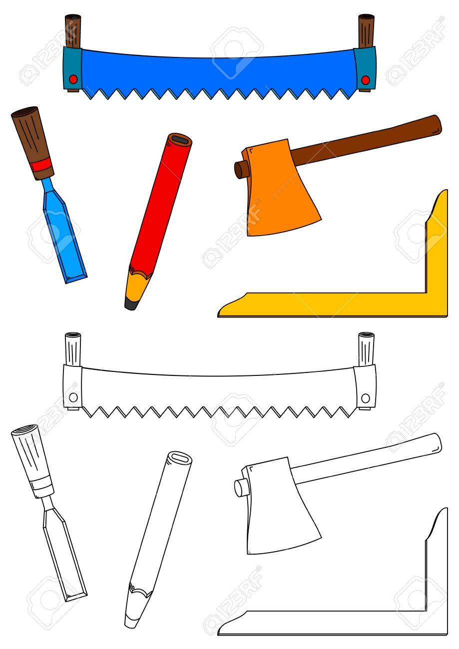 Herramientas De Carpintería, Sierras, Hachas, Cinceles, Cuadrado Y Lápiz Como Un Libro Para Colorear Para Los Niños - Vector Svg, Clip Art Vectorizado Derechos. Image 50248756.