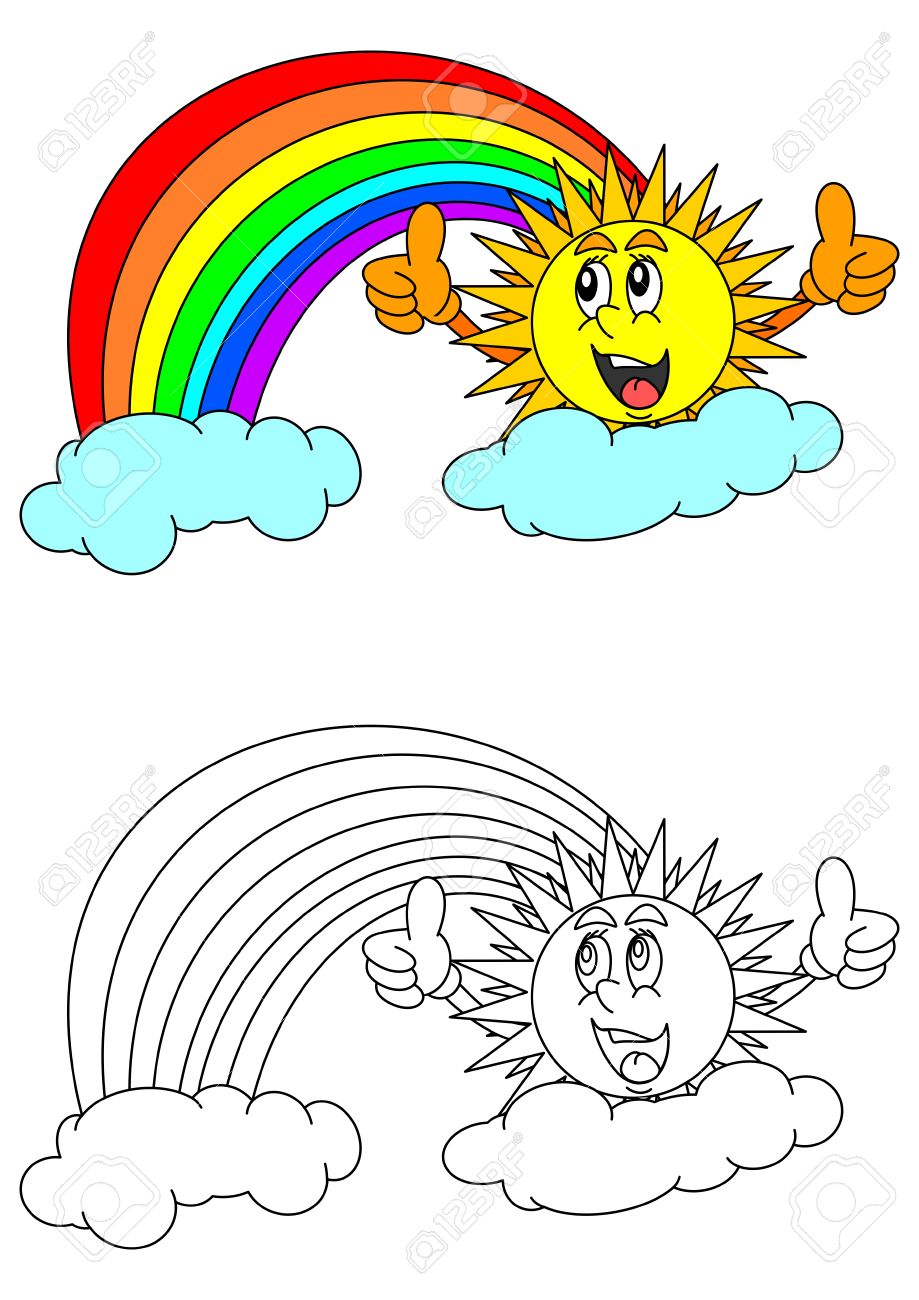 Sol Sonriente Con El Pulgar Hacia Arriba Arco Iris Las Nubes Y Un Libro Para Colorear Para Los Ninos Pequenos Vector Ilustraciones Vectoriales Clip Art Vectorizado Libre De Derechos Image