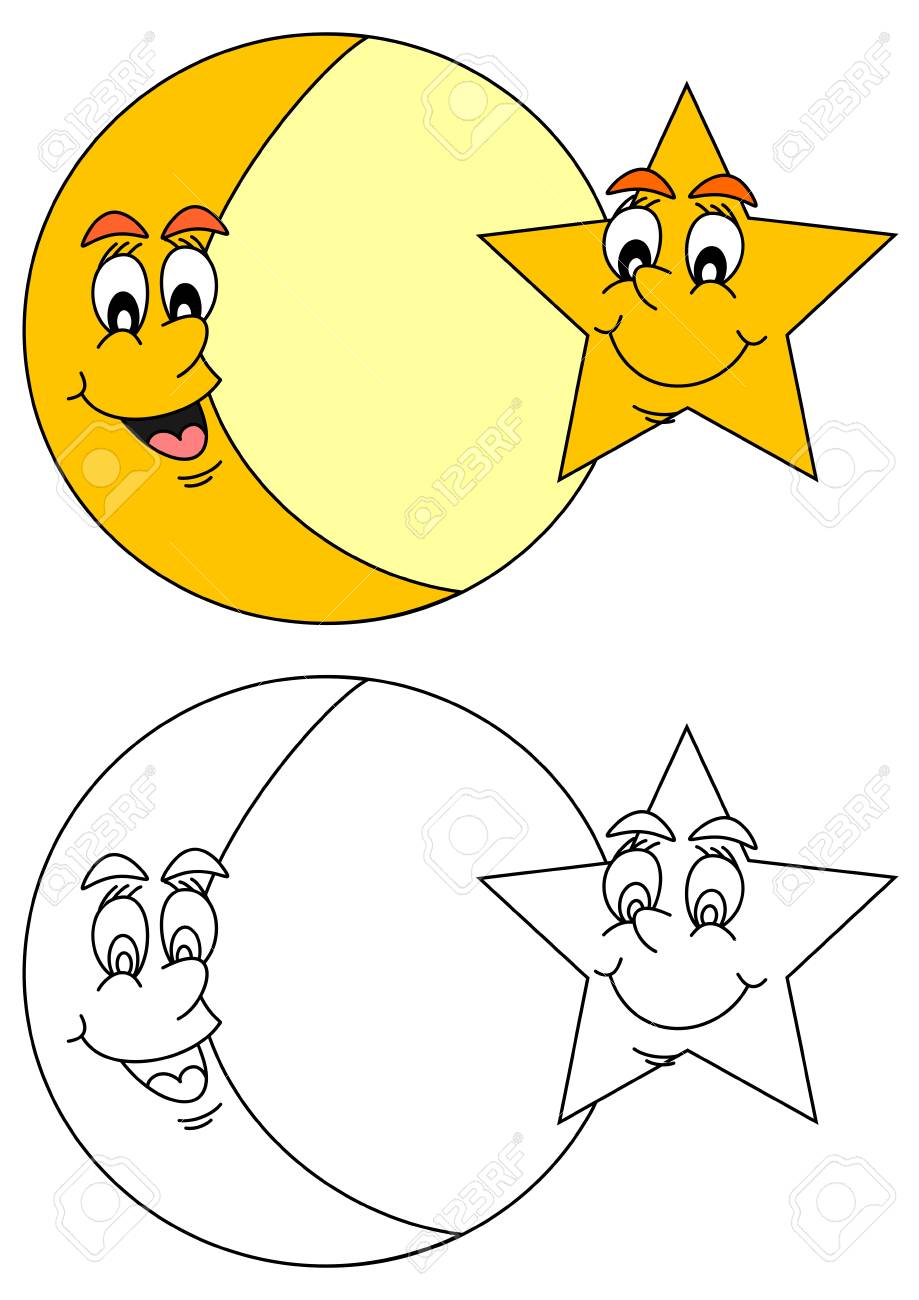 Lune Et étoile Avec Un Sourire Sur Son Visage Comme Des Livres à Colorier Pour Les Petits Enfants Vector
