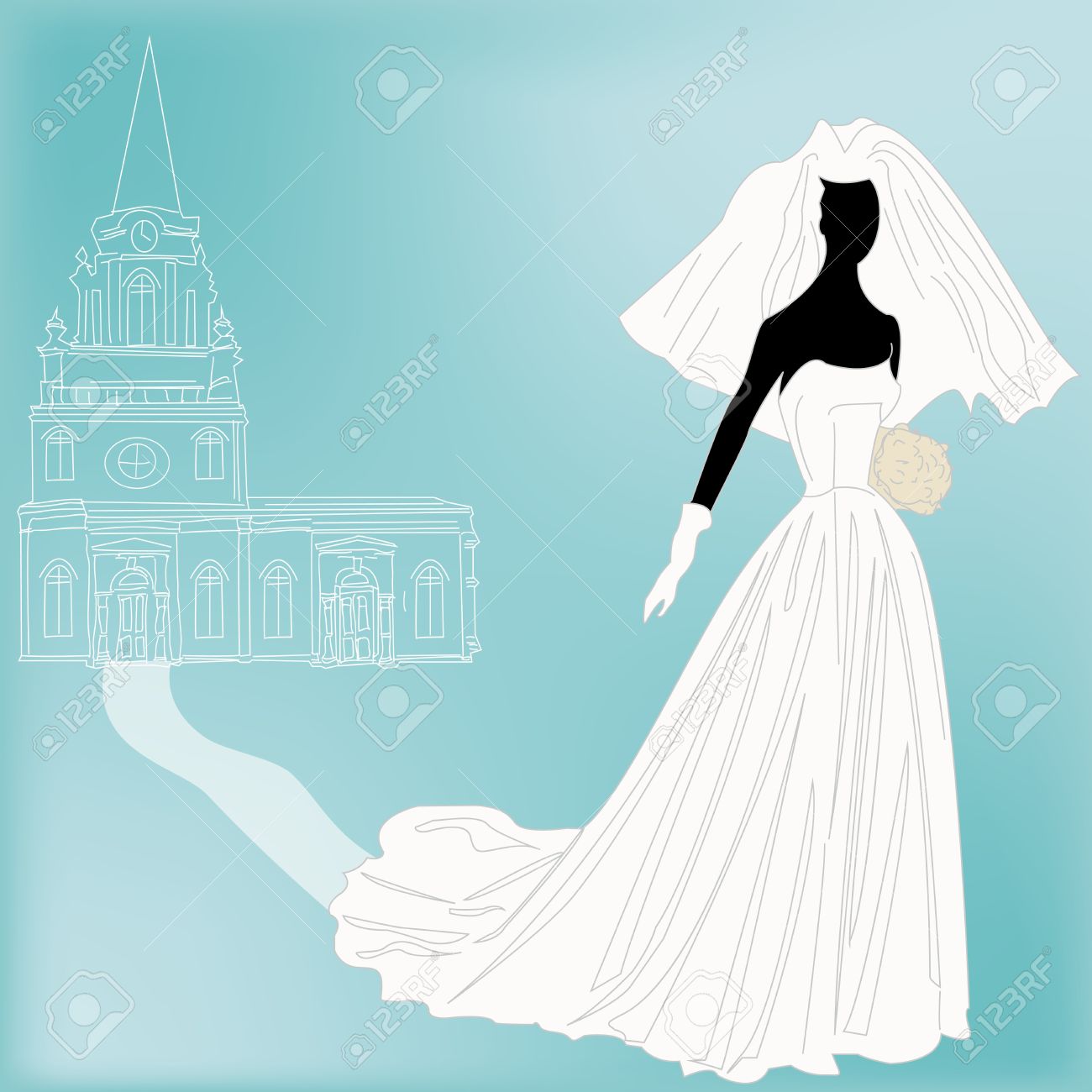 a bride and church for a 1950s retro wedding invitation or dress wedding fashion flyer