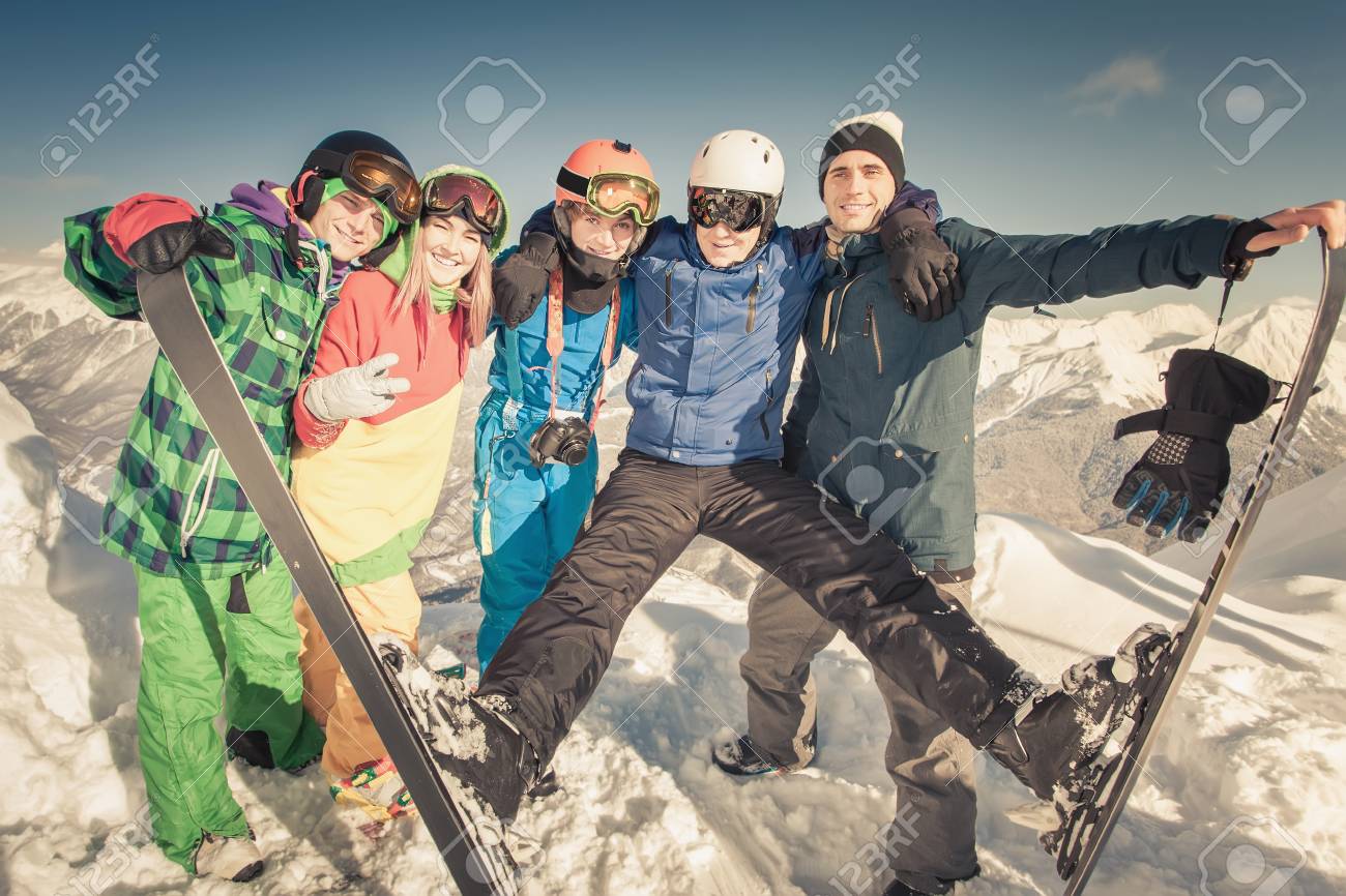 Ski Funny Group People Friends Of Male And Female Skier On Alps In Swiss Funny Person Cool High Mountain Switzerland Stock Photo Picture And Royalty Free Image Image 53656162
