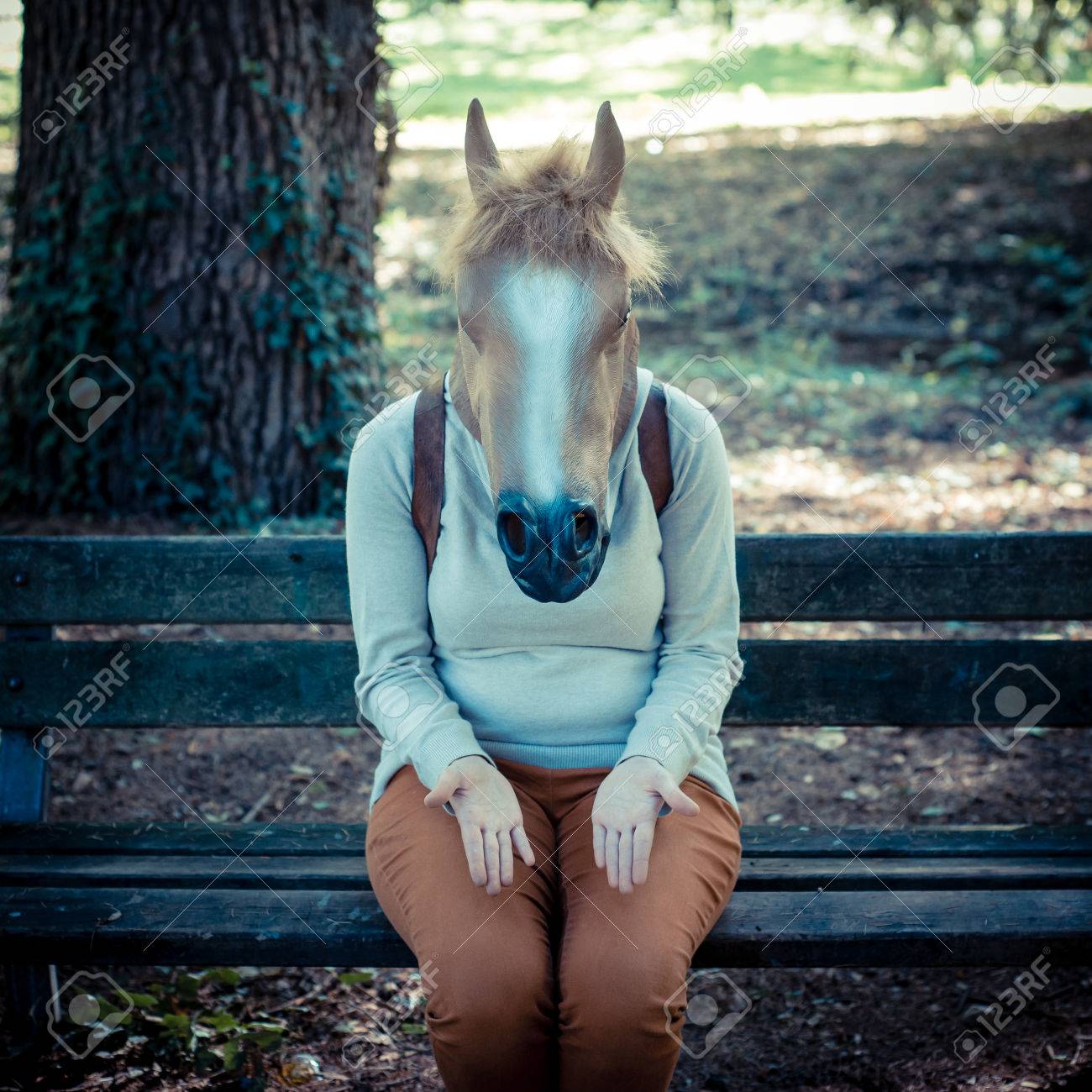 Young Hipster Horse Mask Woman In The Woodland Autumn Stock Photo, Picture  and Royalty Free Image. Image 23380987.